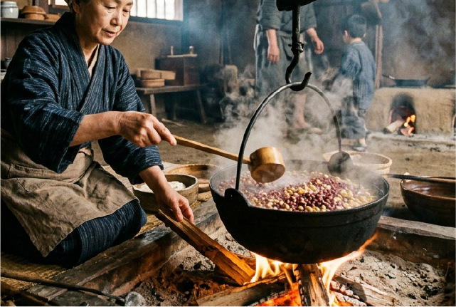 囲炉裏で豆を煮る様子